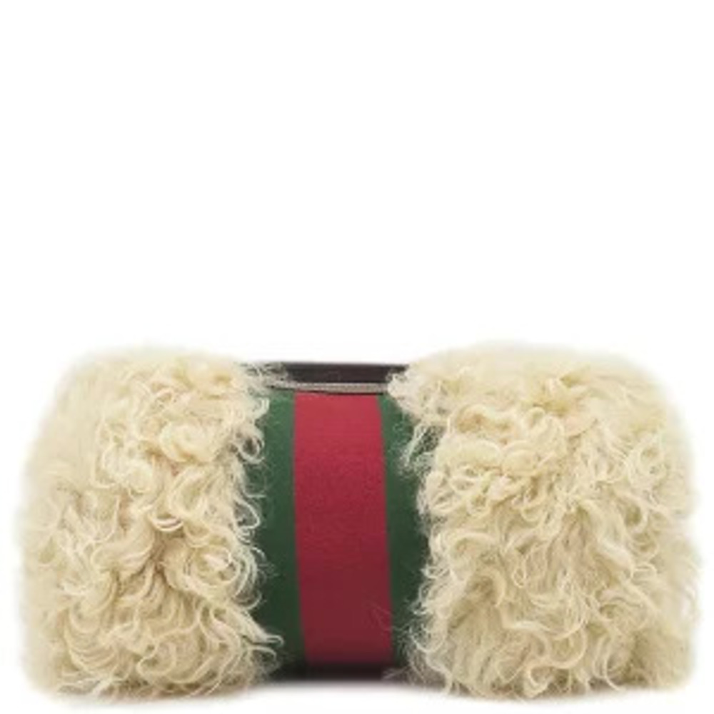 Gucci Pouch Clutch fur web stripe Beige Cream cosmetic case clutch bag